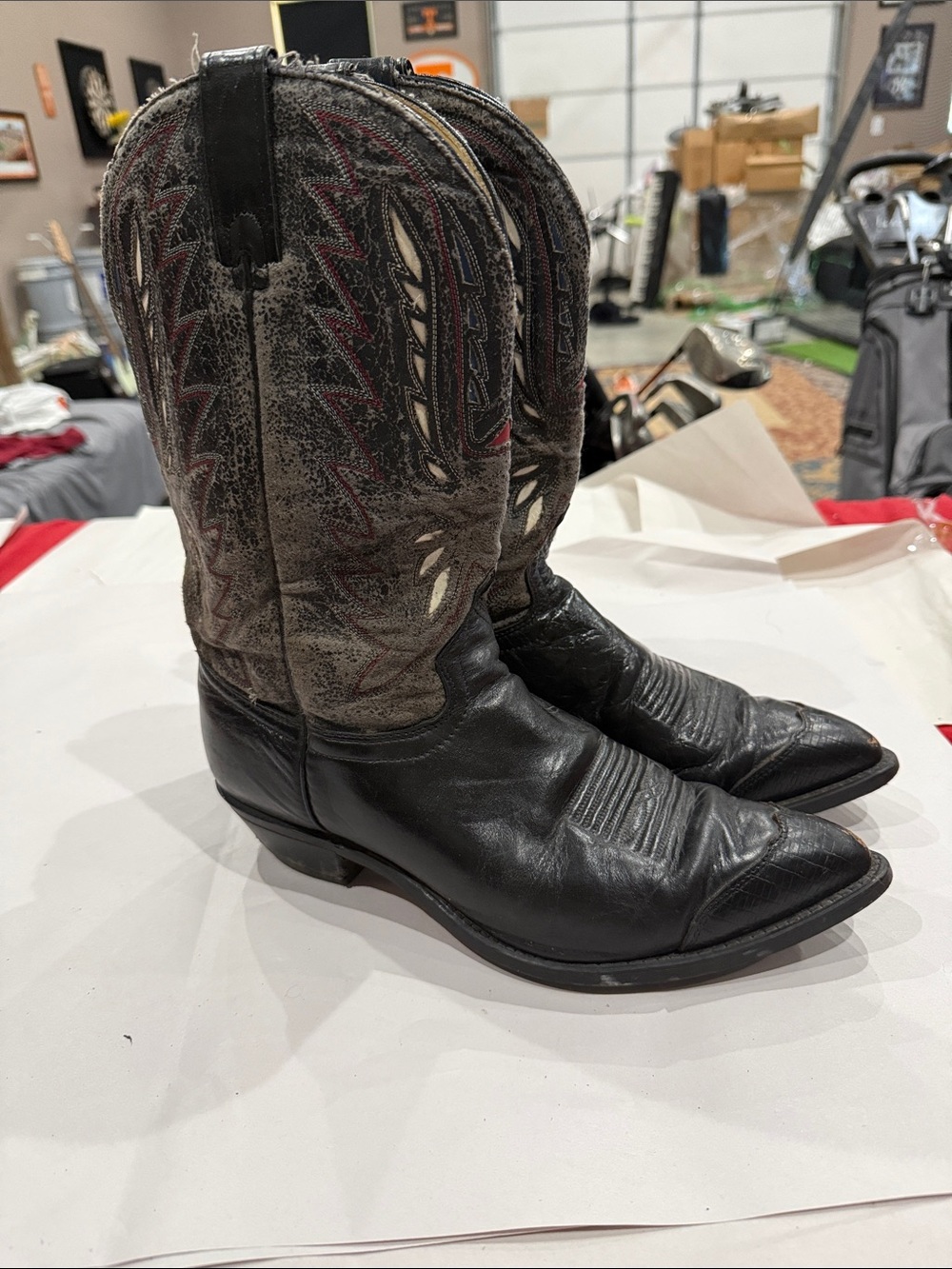 Men's Black Leather Western Cowboy Boots with Gray & Red Embroidered Shaft